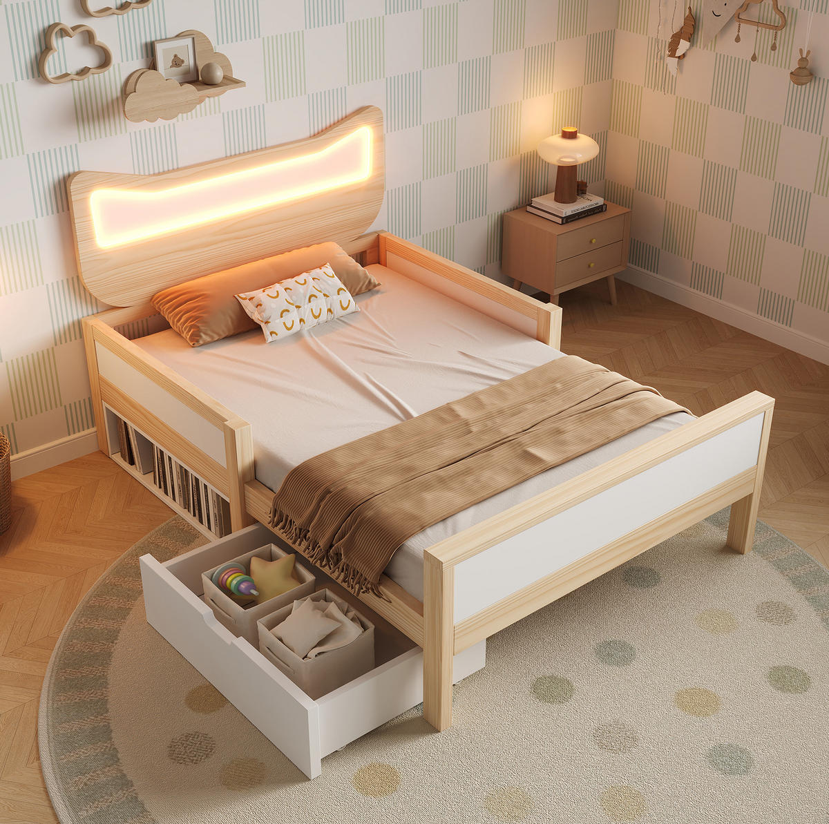 KINDERBETT 90/190 cm weiß/eiche aus Holz mit LED und Schublade - Eichefarben, Holzwerkstoff (90/190cm) - OKWISH