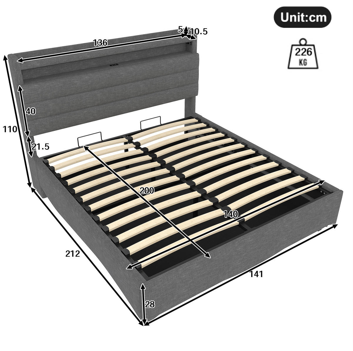 POLSTERBETT 140/200 cm in Beige mit Stauraum, LED-Beleuchtung und USB-Anschlüssen - Beige, Textil (140/200cm) - Flora Grace