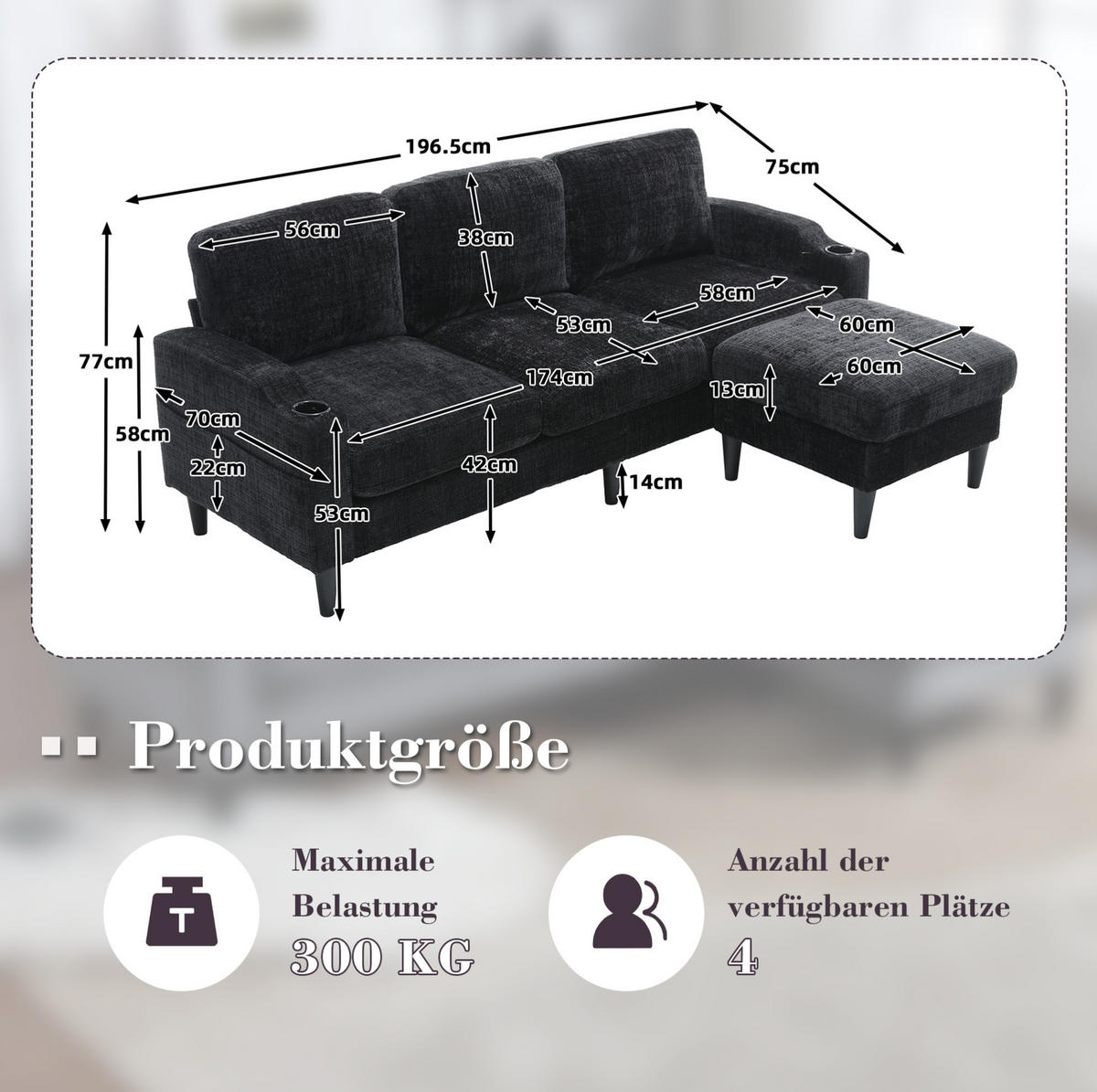 SOFA 4-Sitzer mit Hocker ca. 196,5 x 75 x 77 cm Chenille Black - Schwarz, Kunststoff (196.5/77/75cm) - Meubliv