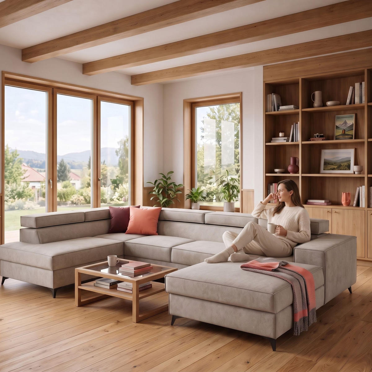 ECKSOFA PURE U Links mit Schlaffunktion 127x270 Velours Creme - Creme/Schwarz, Holz/Textil (340/204cm) - Muffo