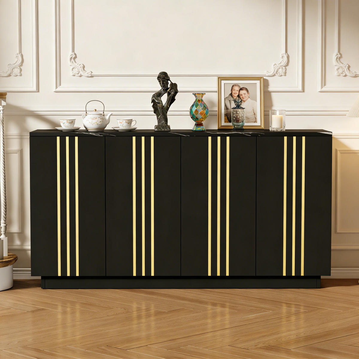 SIDEBOARD schwarz-gold mit vier Schranktüren und verstellbaren Einlegeböden 35 × 140 × 70 cm aus Spanplatte - Schwarz, Holzwerkstoff (140/70/35cm) - Luhomfu