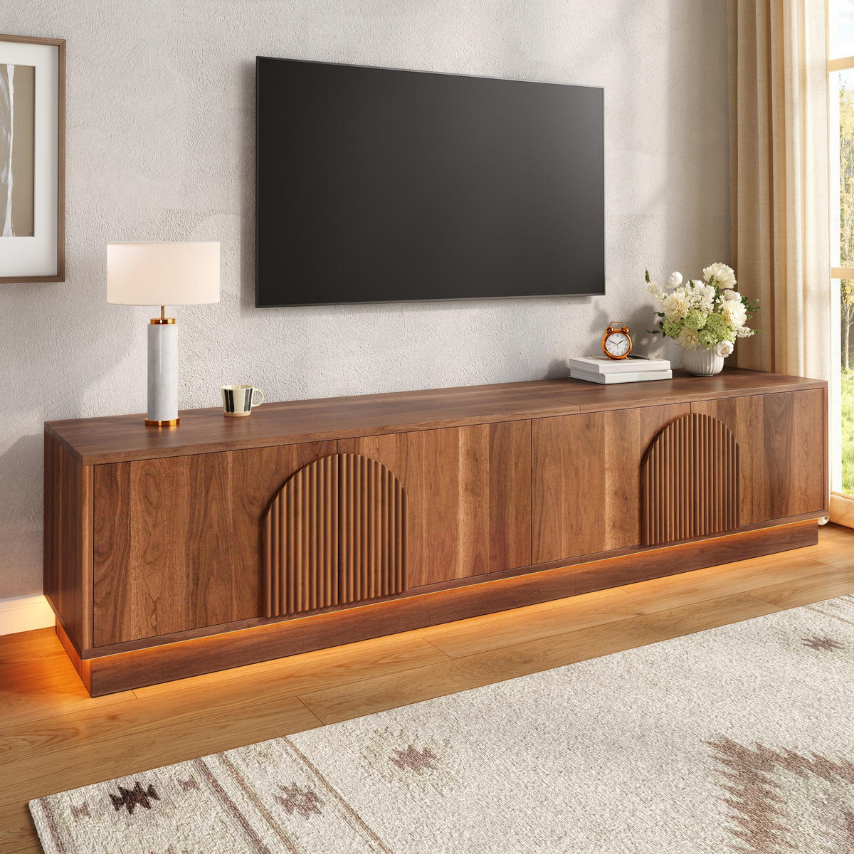 TV-ELEMENT180X40X44,5CM NussbaumRetroDesign mit LEDBeleuchtung PushtoOpen - Walnussfarben, Holz (47.5/18.49/115.49cm) - Raelunyi