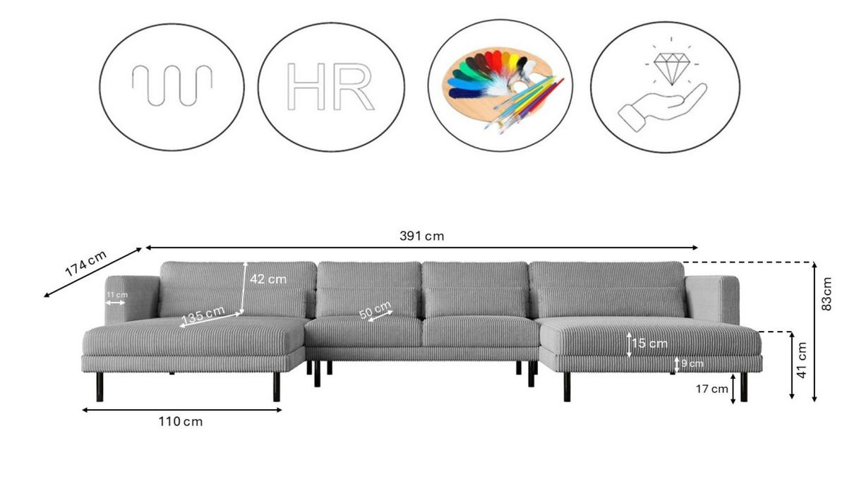 ECKSOFA DANI In U-Form Stilvolles Stoff Poso Silber - Silberfarben, Holz/Textil (174/391cm) - Kaiser Möbel