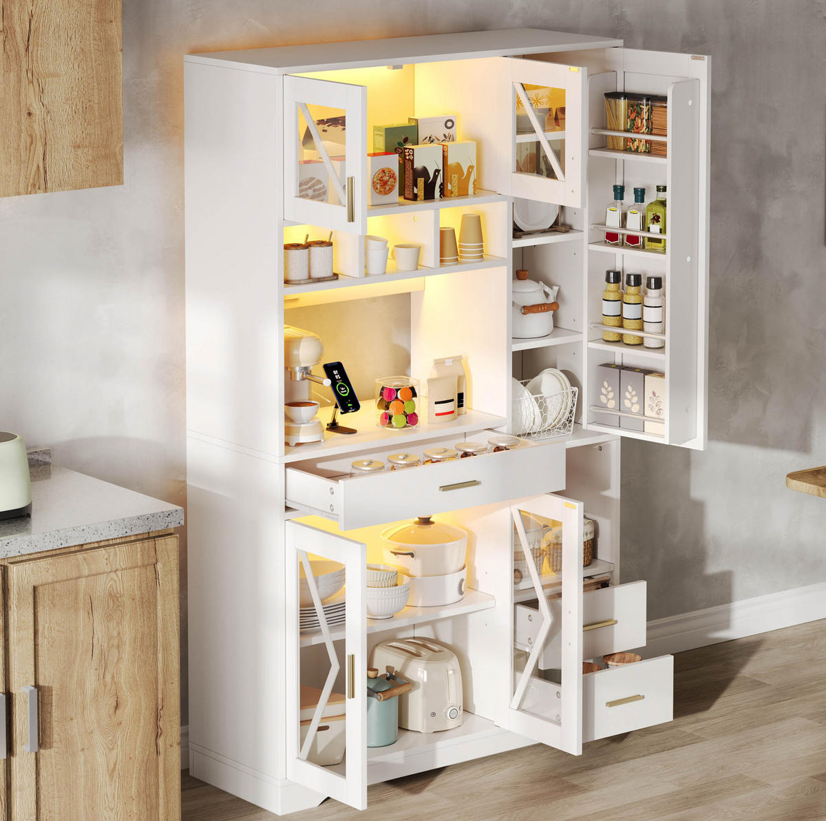 BUFFETSCHRANK mit LED und Steckdosen 105 x 40 x 185 cm Weiß - Weiß, Holzwerkstoff (40/185/105cm) - Meubliv