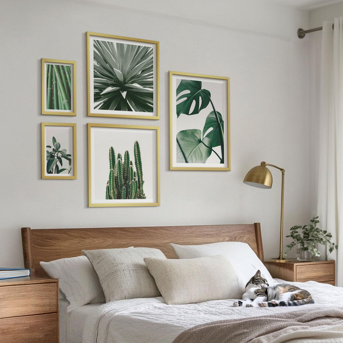 WANDBILDER 5er Set - 50x50 cm & 20x30 cm & 40x60 cm Goldrahmen - Bambusblätter - Goldfarben, Kunststoff (40/60cm) - ArtPrintCave
