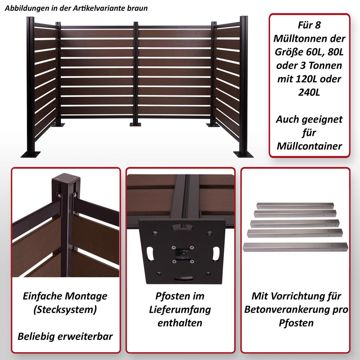 MÜLLTONNEN-ZAUN Grau - Grau, Metall (206/130/110cm) - MCW