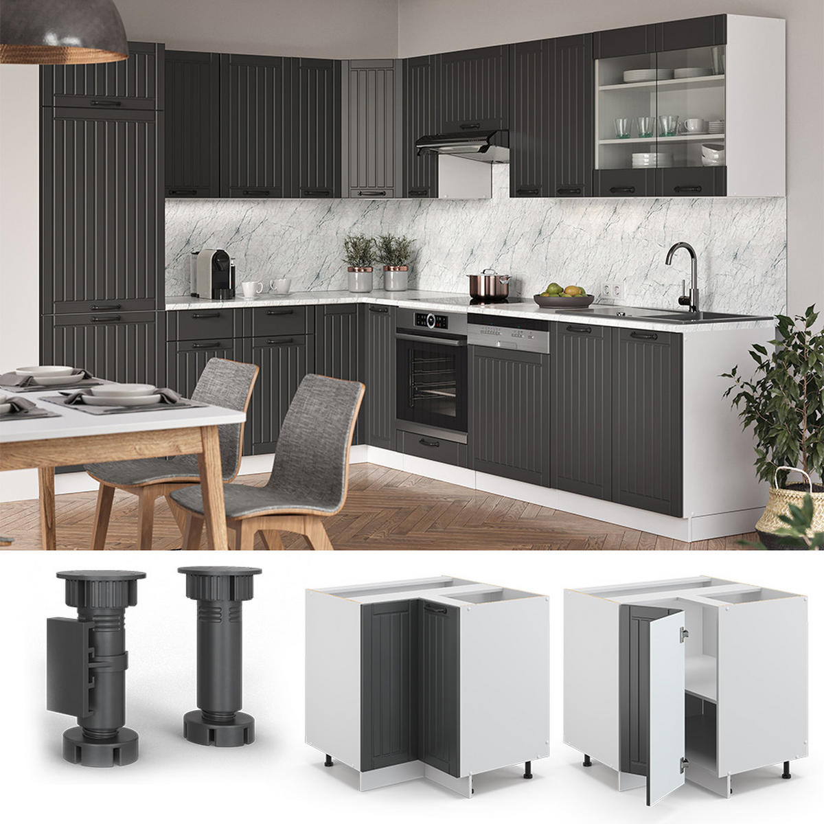 ECKUNTERSCHRANK Fame-Line Anthrazit Landhaus 80.5 cm, AP Anthrazit - Anthrazit/Weiß, Holzwerkstoff (80.5/82/60cm) - Vicco
