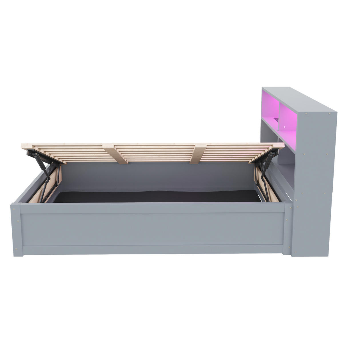 STAURAUMBETT 90/200 cm DE-01385, in Grau, mit LED, Steckdose und Hydraulik - Grau, Holz (90/200cm) - ComfortXL