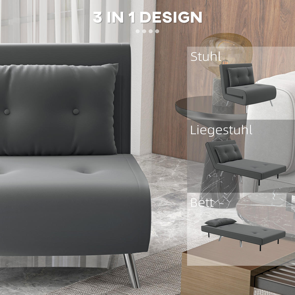 SCHLAFSESSEL Klappsessel mit Bettfunktion, Einzelsofa mit Kissen, Samtoptik - Dunkelgrau/Silberfarben, Textil/Metall (88/83/77cm) - HOMCOM