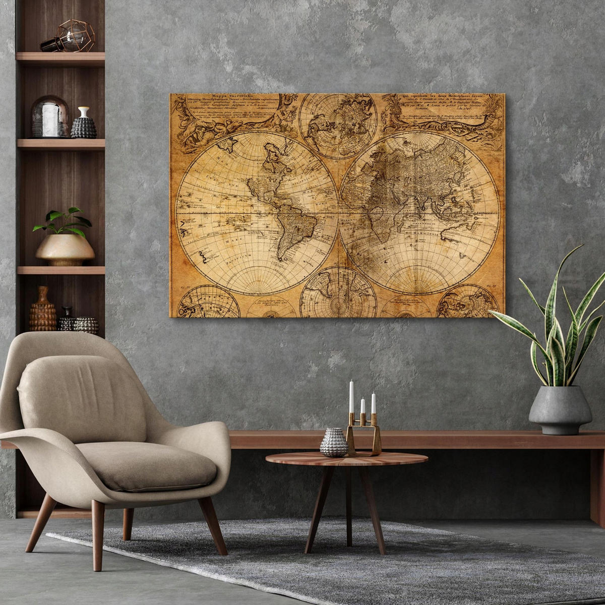LEINWANDBILD Für Wohnzimmer alte Weltkarte Retro Vintage Stil 120x80 - Beige/Schwarz, Textil (120/80cm) - Muralo