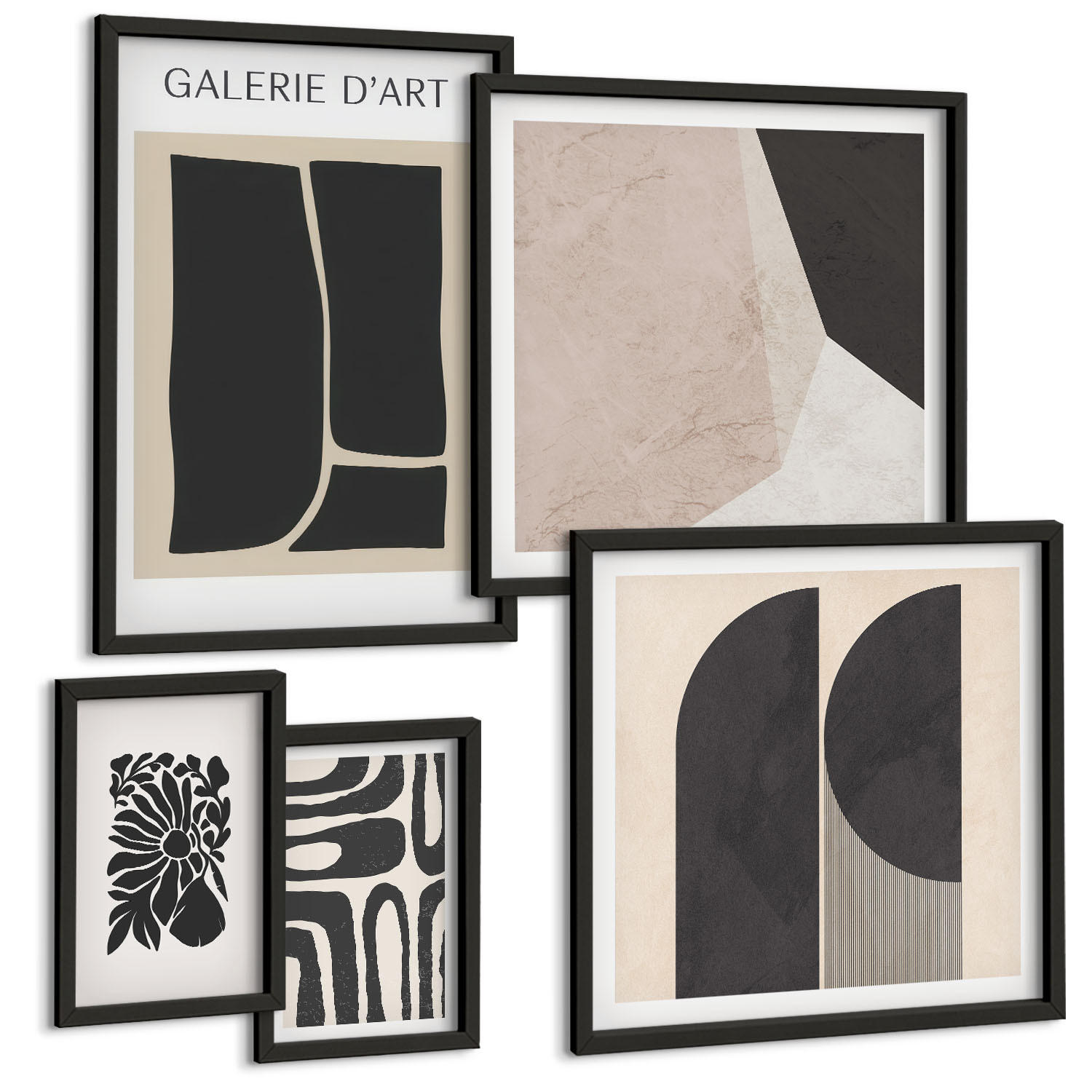 BILDER SET 5er Set - 50x50 cm & 20x30 cm & 40x60 cm Schwarzer Rahmen - Abstrakte minimalistische Poster - Schwarz, Kunststoff (40/60cm) - TULUP
