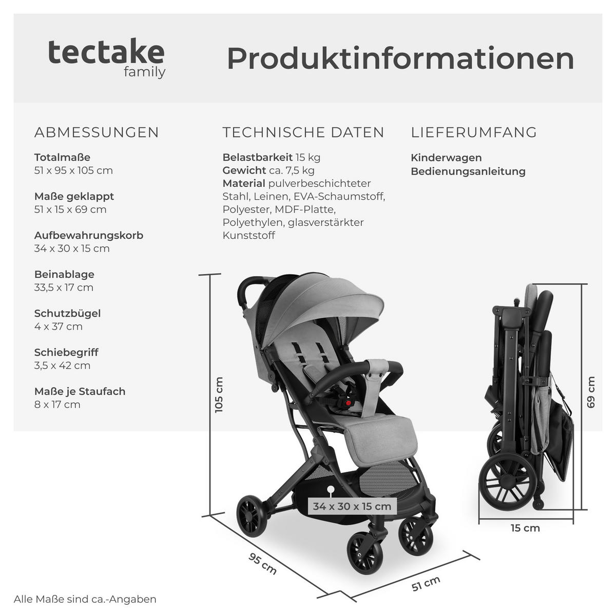 BUGGY-KINDERWAGEN Finn,für 0 bis 36 Monate geeignet, Belastbarkeit 15 kg,grau - Grau, Textil (95/51/105cm) - tectake