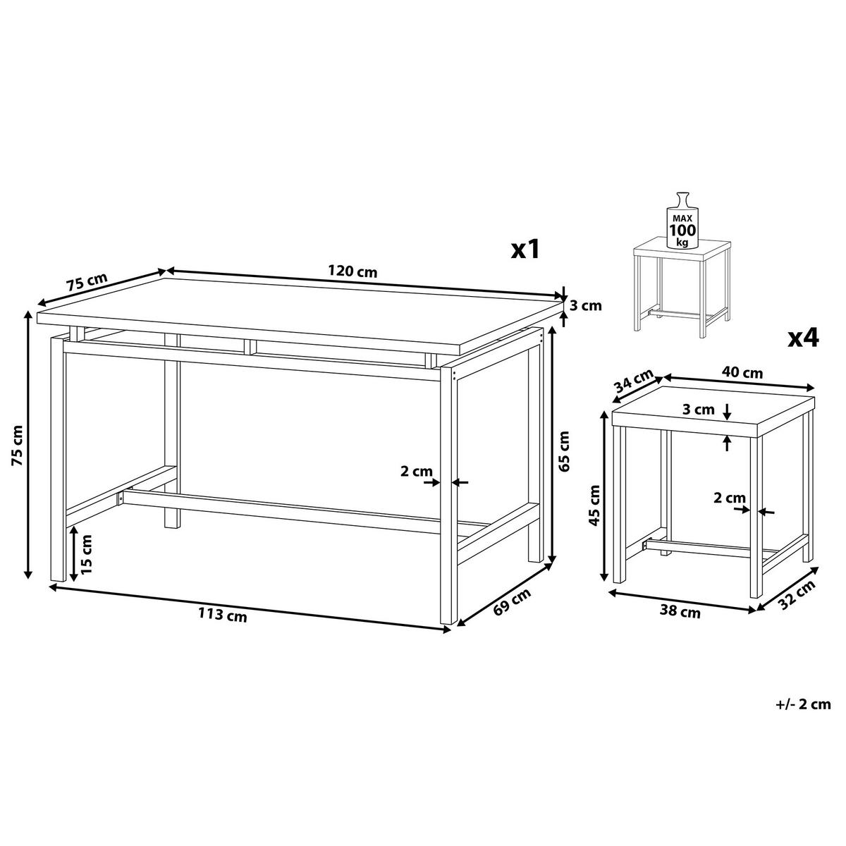 ESSGRUPPE Braun Stahl 4-Sitzer 120 cm Arlington - Schwarz, Holzwerkstoff (120/75/75cm) - Beliani