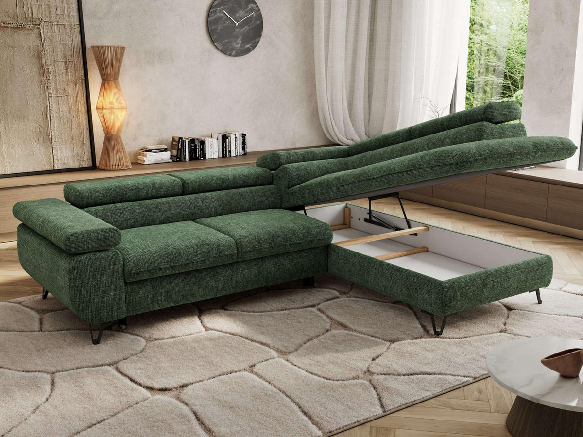 ECKSOFA PABLO L Dunkelgrün Schenille grob gewebt - Rechts Seite - Dunkelgrün/Schwarz, Textil/Metall (273/208cm) - MKS