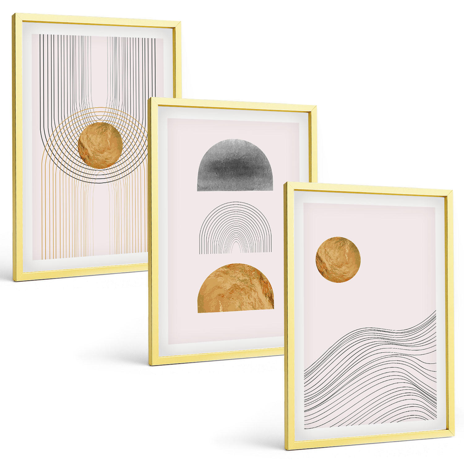 BILDER SET 3er Set - 40x60 cm Goldrahmen - Abstrakte Formen in Beige und Grau - Goldfarben, Kunststoff (40/60cm) - TULUP