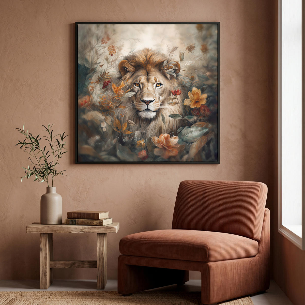 LEINWAND Bilder mit Rahmen - Löwe - Wildtiere - Pflanzen - Natur - Blumen - 90x90 - Beige, Textil (90/90cm) - MuchoWow