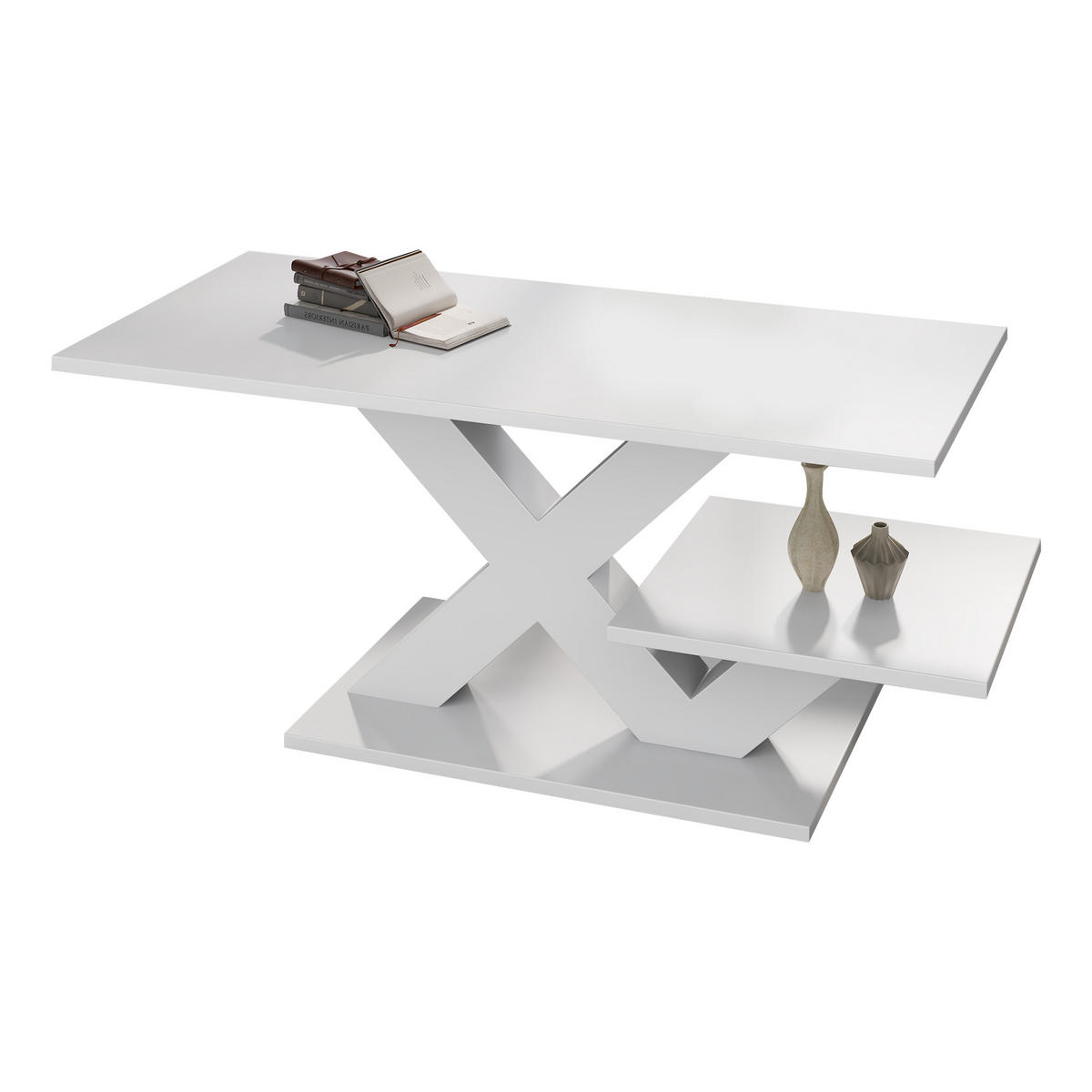 COUCHTISCH Weiß mit X‑förmigem Gestell und doppelten Ablageflächen 100 × 48 × 45 cm - Weiß, Holzwerkstoff (48/100/45cm) - Luhomfu