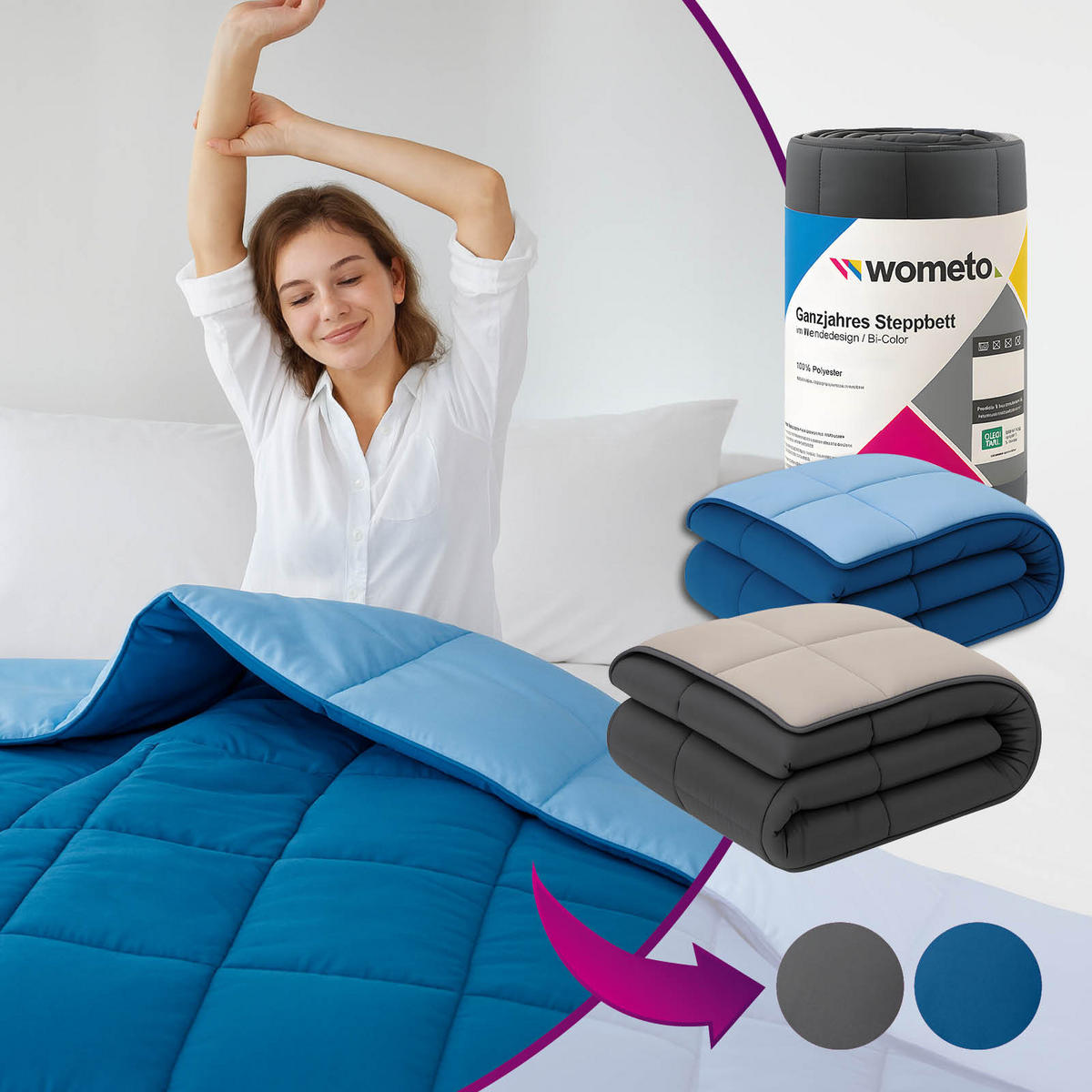 PLÜSCH Steppbett Bi-Color im Wende-Design blau 155x220 - Blau, Textil (155/220cm) - wometo