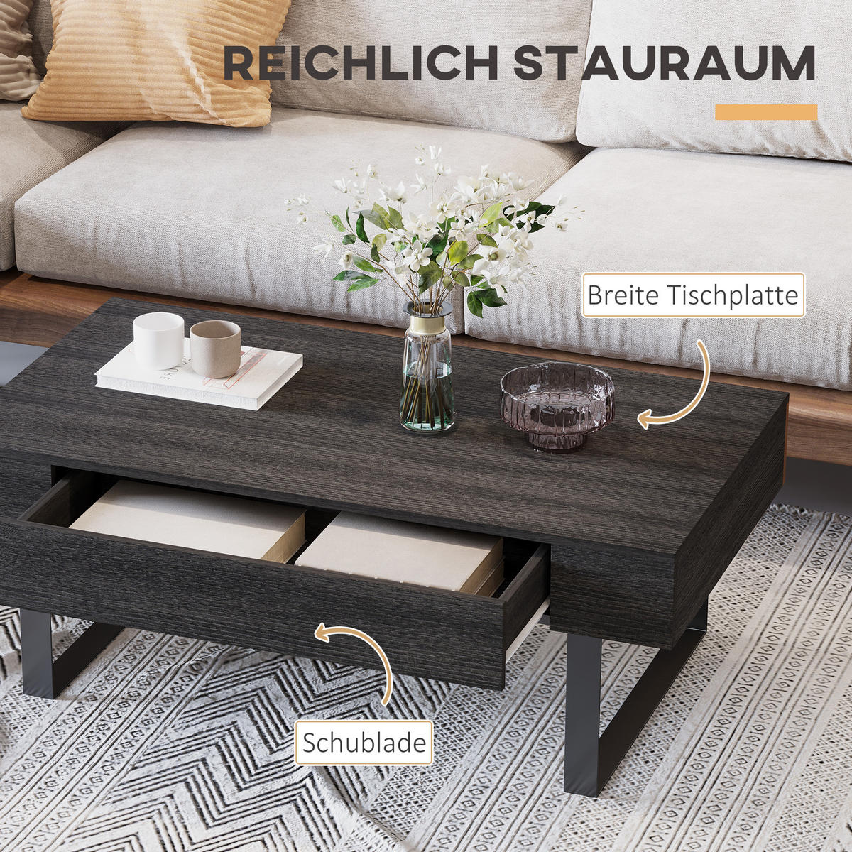 SOFATISCH Couchtisch Schublade stabil einfacher Aufbau Spanplatte Dunkelgrau - Dunkelgrau, Kunststoff (110/60/40cm) - HOMCOM