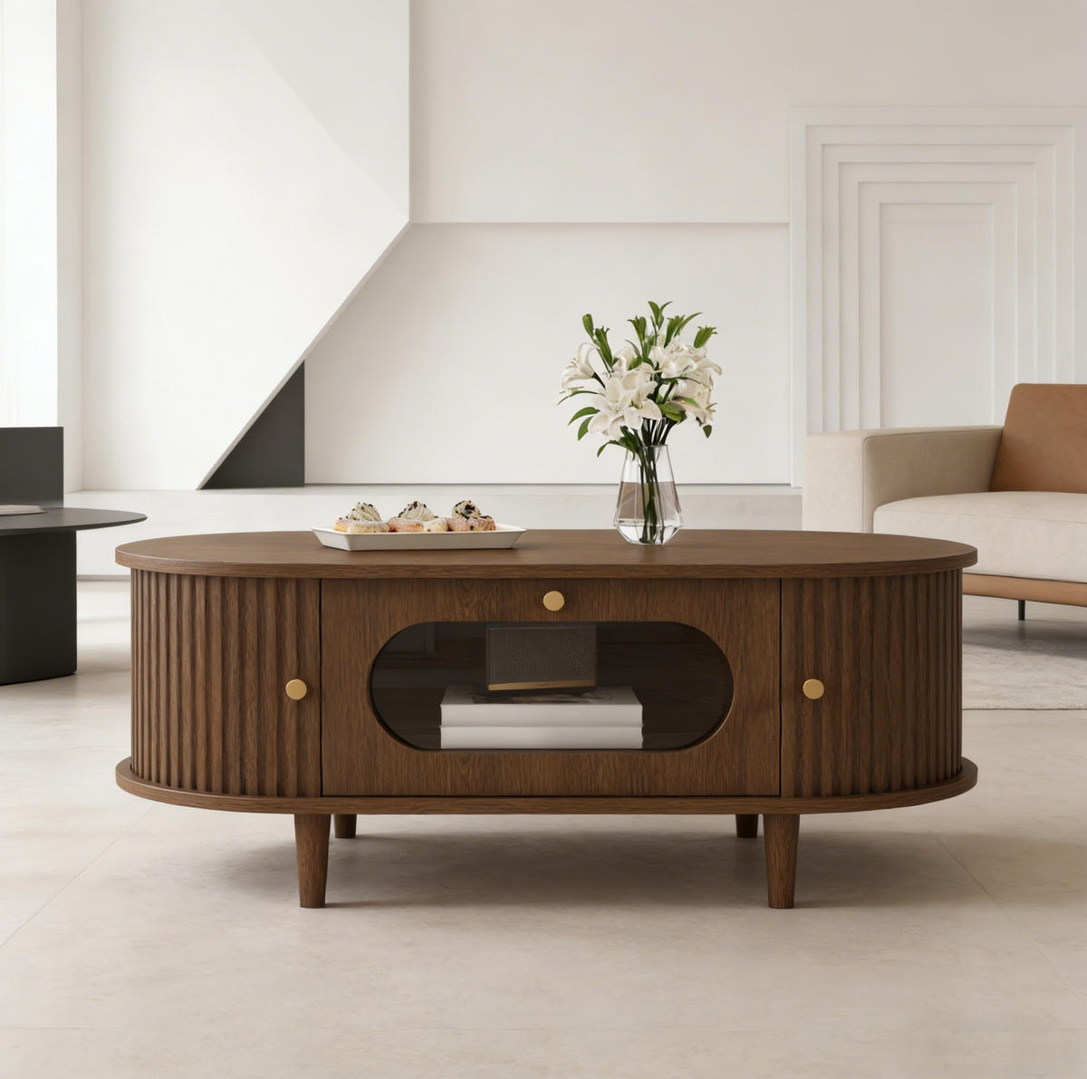 COUCHTISCH in Naturfarben Sofatisch mit Schublade und Rolltür, Sofa- und Beistelltisch mit 4 Stützbeinen, B100/T50/H36cm - Naturfarben, Glas/Holzwerkstoff (50/100/36cm) - STILVORA