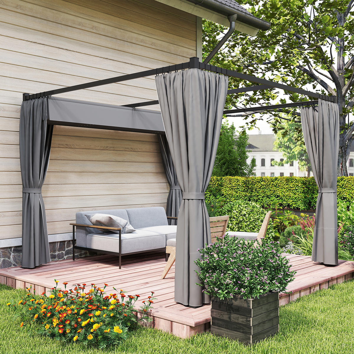 PERGOLA mit Schiebedach 4 Seitenwände Hellgrau 3 x 3 m - Hellgrau, Metall (300/227/300cm) - Outsunny