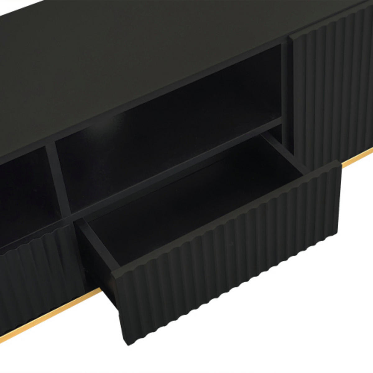 LOWBOARD Schwarz-gold aus Spanplatte mit streifendekorierten Push-Open Türen 165×36×55 cm - Schwarz, Holzwerkstoff (165/55/36cm) - Luhomfu