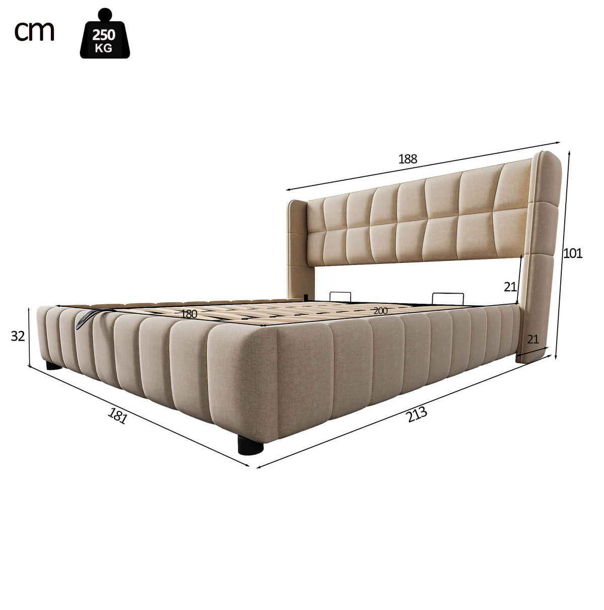 POLSTERBETT 180/200 cm mit Stauraum, Lattenrost und gepolstertem Kopfteil aus Leinen, Beige - Beige, Textil (180/200cm) - Redom