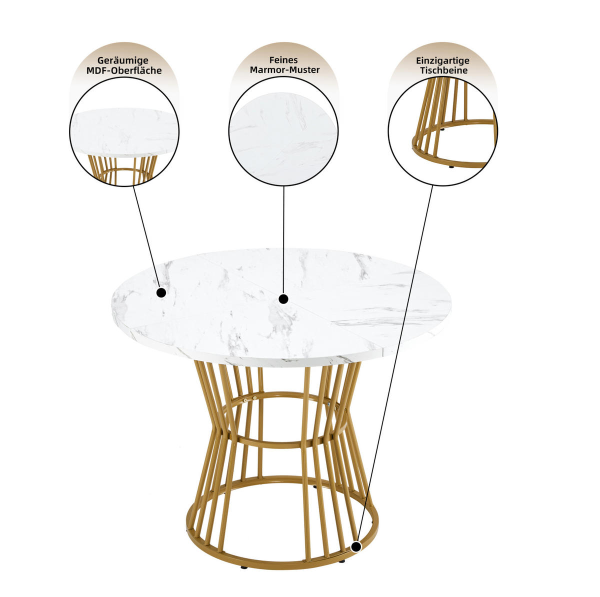 STÔL z MDF, priemer 100 cm, biely, okrúhly s mramorovým dekorom - biela, kompozitné drevo (100/100/75cm) - BEAOK