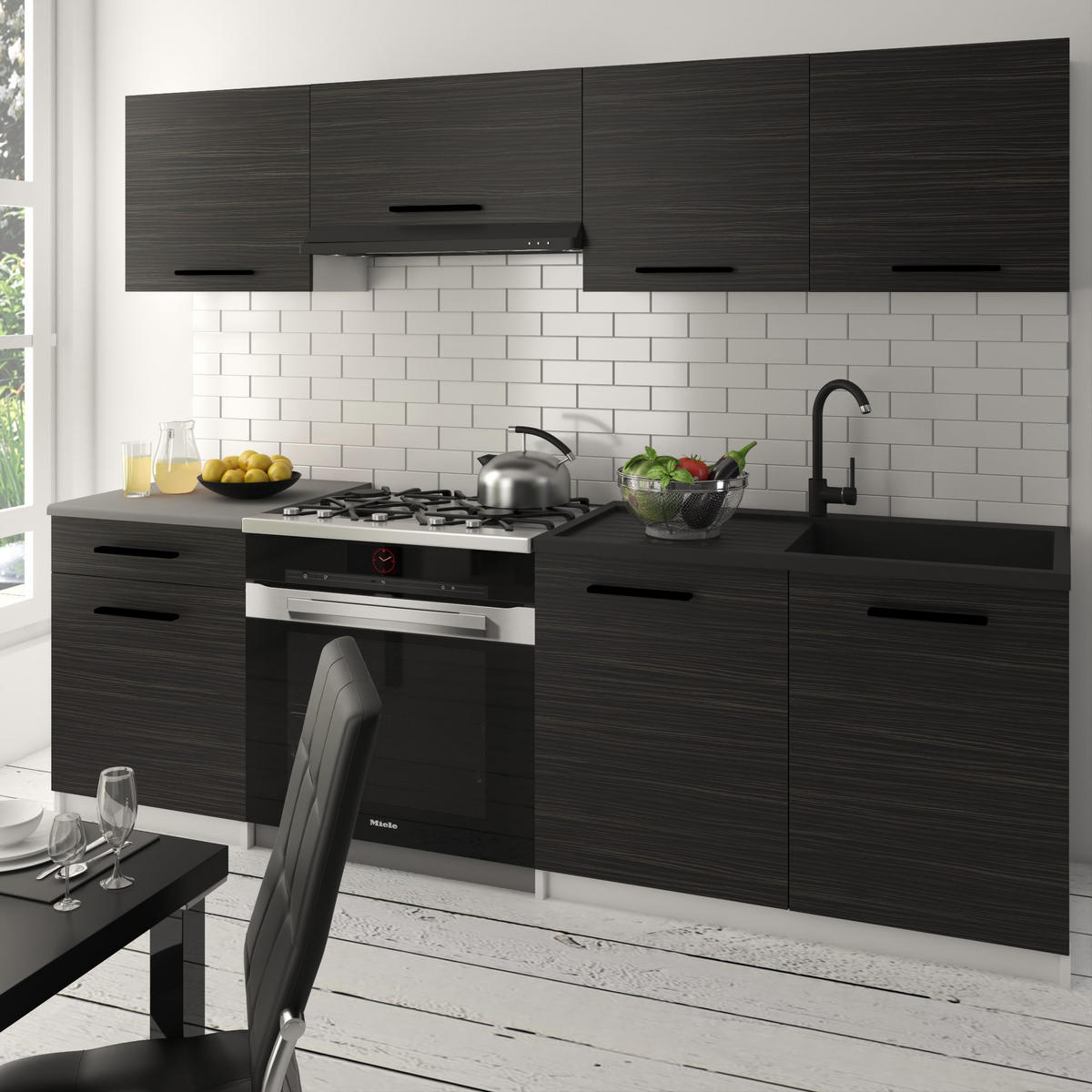 KÜCHENZEILE Italia 1 180 cm, mit Arbeitsplatten, Ebenholz - Schwarz, Holz (180/143/60cm) - B BELINI GROUP
