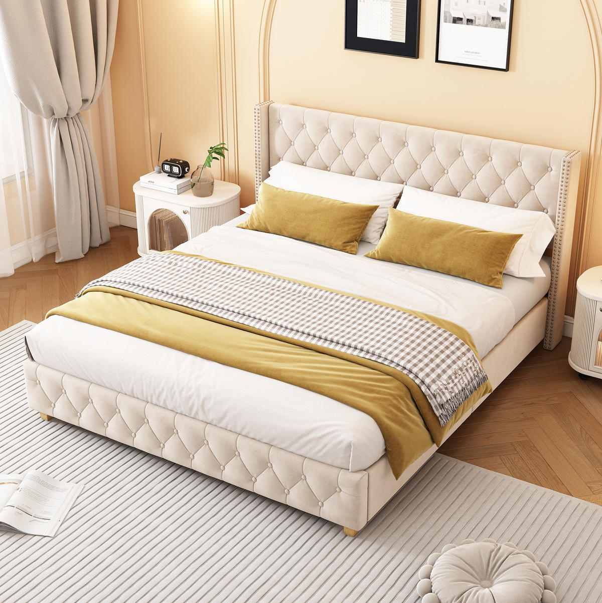 POLSTERBETT 180/200 cm aus Samt in Hellbeige mit Knopfheftung - Beige, Textil (180/200cm) - Flora Grace