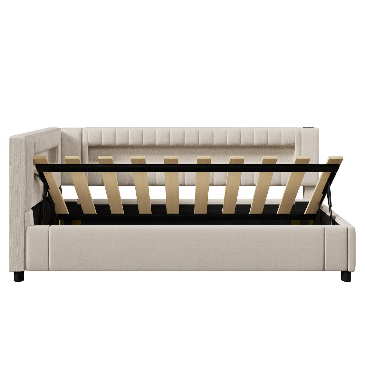 POLSTERBETT aus Leinen 90x200 cm in Beige mit LED & hydraulischem Stauraum - Beige, Textil (90/200cm) - Modfu