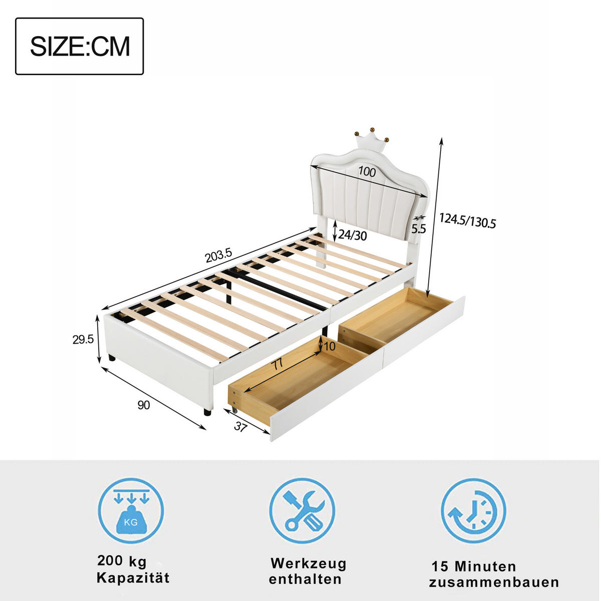 POLSTERBETT 90/200 cm Weiß mit Stauraum und LED-Beleuchtung - Weiß, Kunststoff (90/200cm) - OKWISH