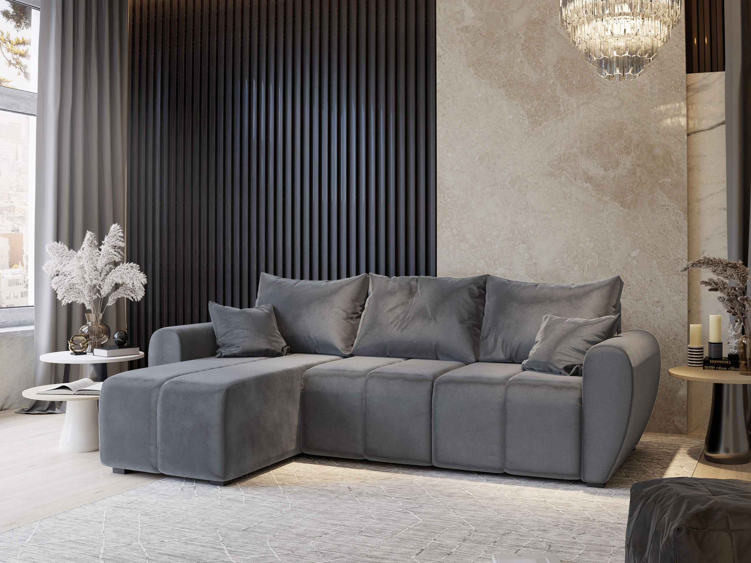 ECKSOFA MADISON Grau Plüsch-Stoff mit Schlaffunktion - Grau, Holz (246/143cm) - MASSENO