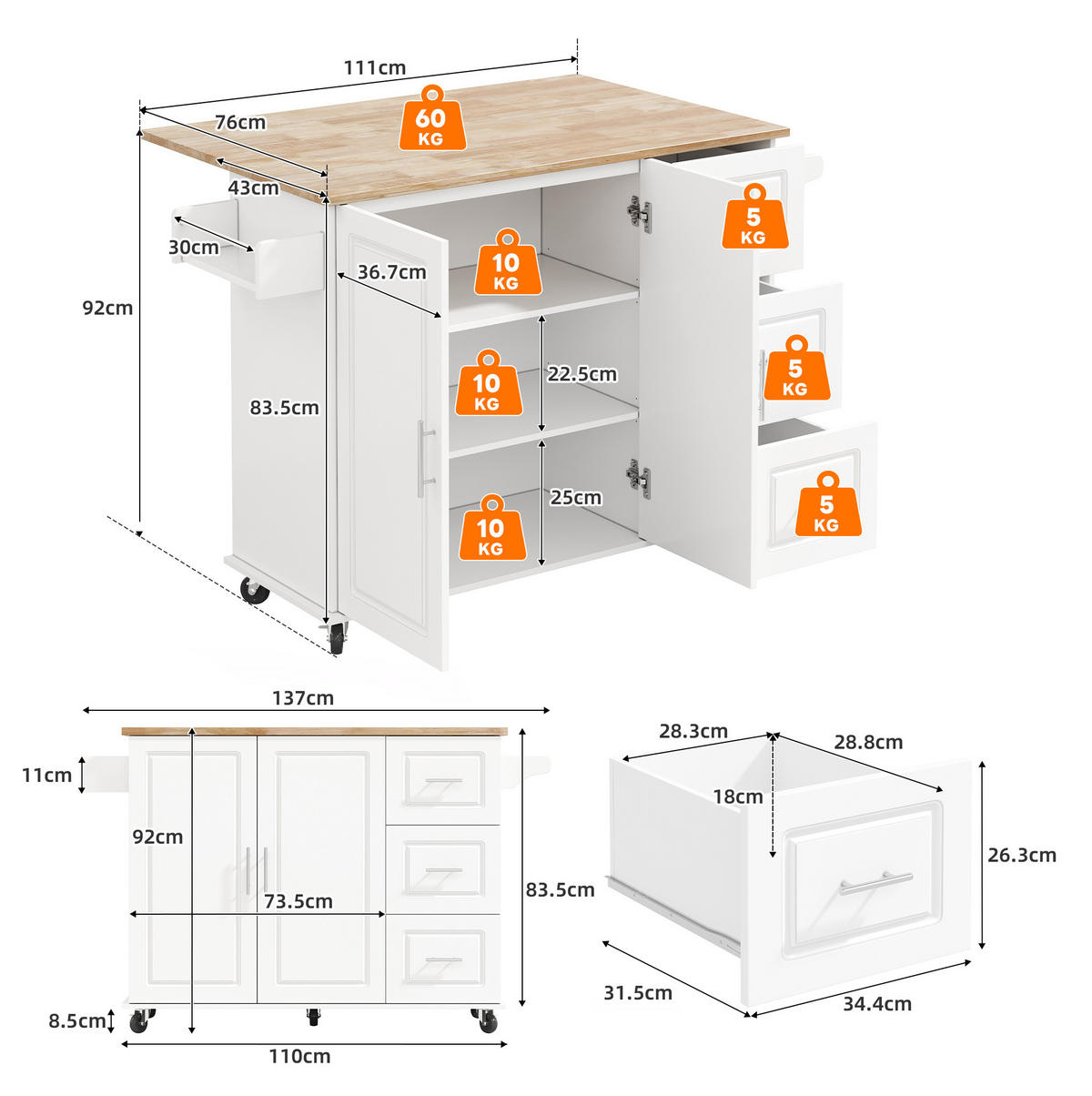 KÜCHENINSEL 137/43(76)/92 cm mit klappbarer Arbeitsplatte, 3 Schubladen, Schrank und Rollen aus MDF, Weiß - Weiß, Holzwerkstoff (137/92/76cm) - Redom