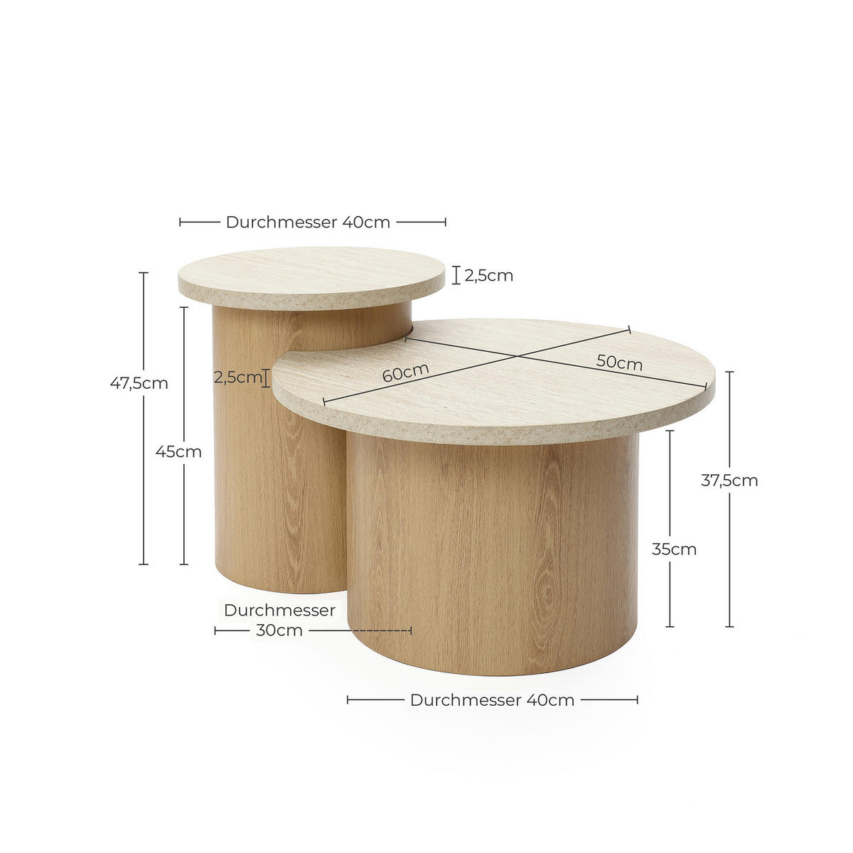 COUCHTISCHE 2er-Set, Holz | B85 x T60 x H47,5 cm - Braun, Holzwerkstoff (60/85/47.5cm) - Hometopia