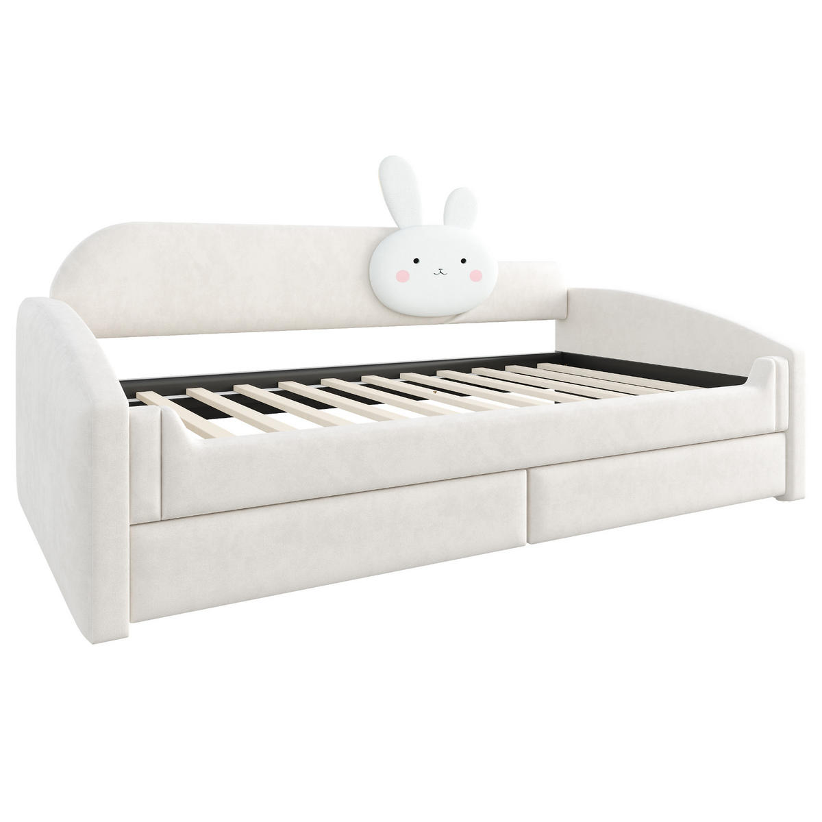 KINDERBETT 90x200cm Samt LED Stauraum Hasenkissen Beige - Beige, Textil (90/200cm) - FLIEKS
