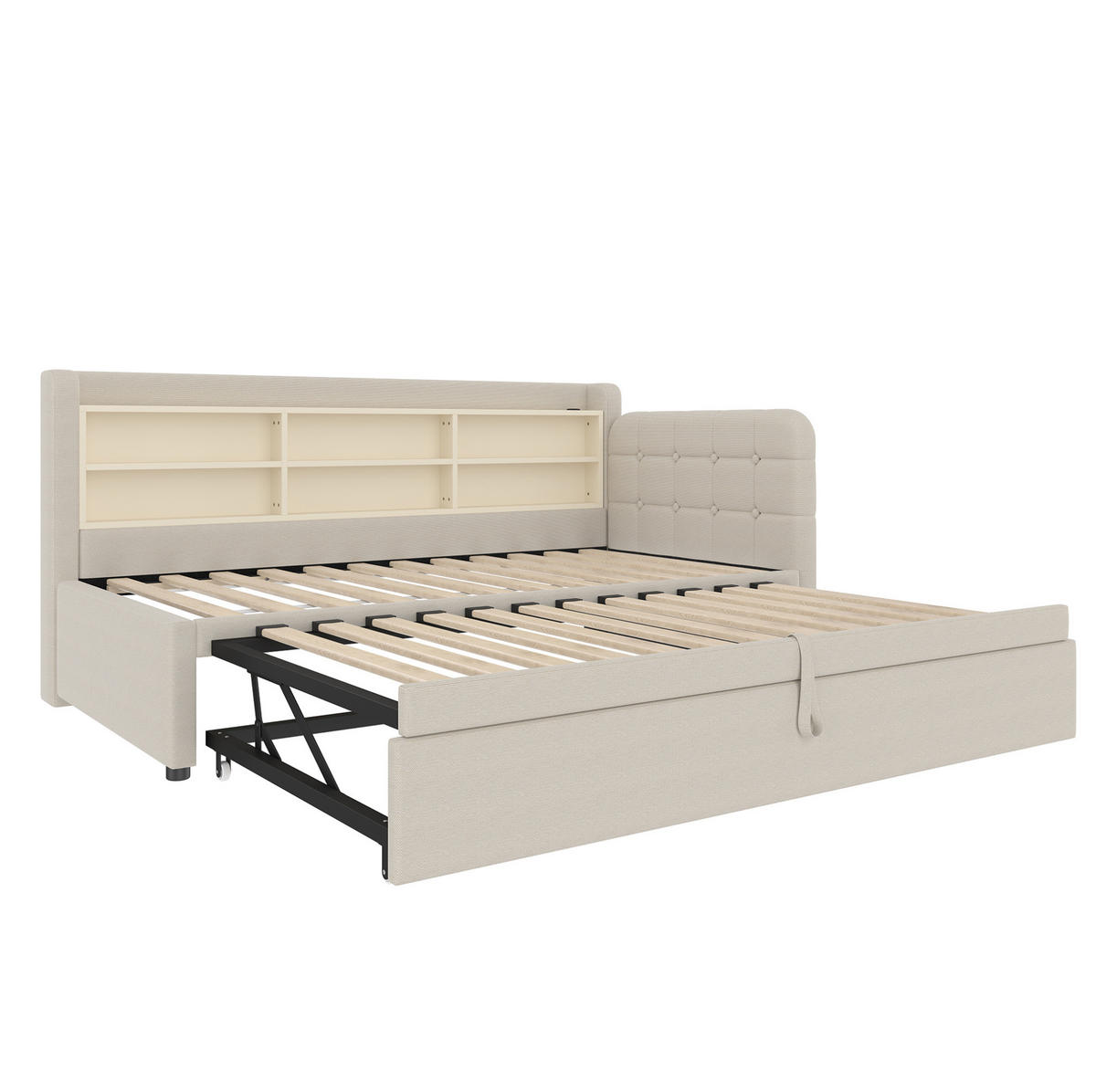 BETT 90/200 cm mit Ausziehbett, Kopfteil und USB/Typ-C – inkl. Lattenrost, Beige - Beige, Textil (90/200cm) - BEAOK