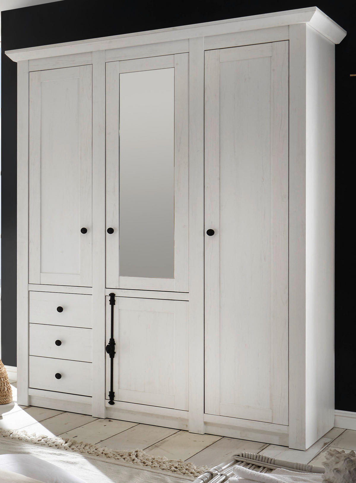 KLEIDERSCHRANK Pinie weiß 147 x 206 cm, Drehtürenschrank mit Spiegel - Schwarz/Weiß, Glas/Holzwerkstoff (147/206/64cm) - Furn.Design