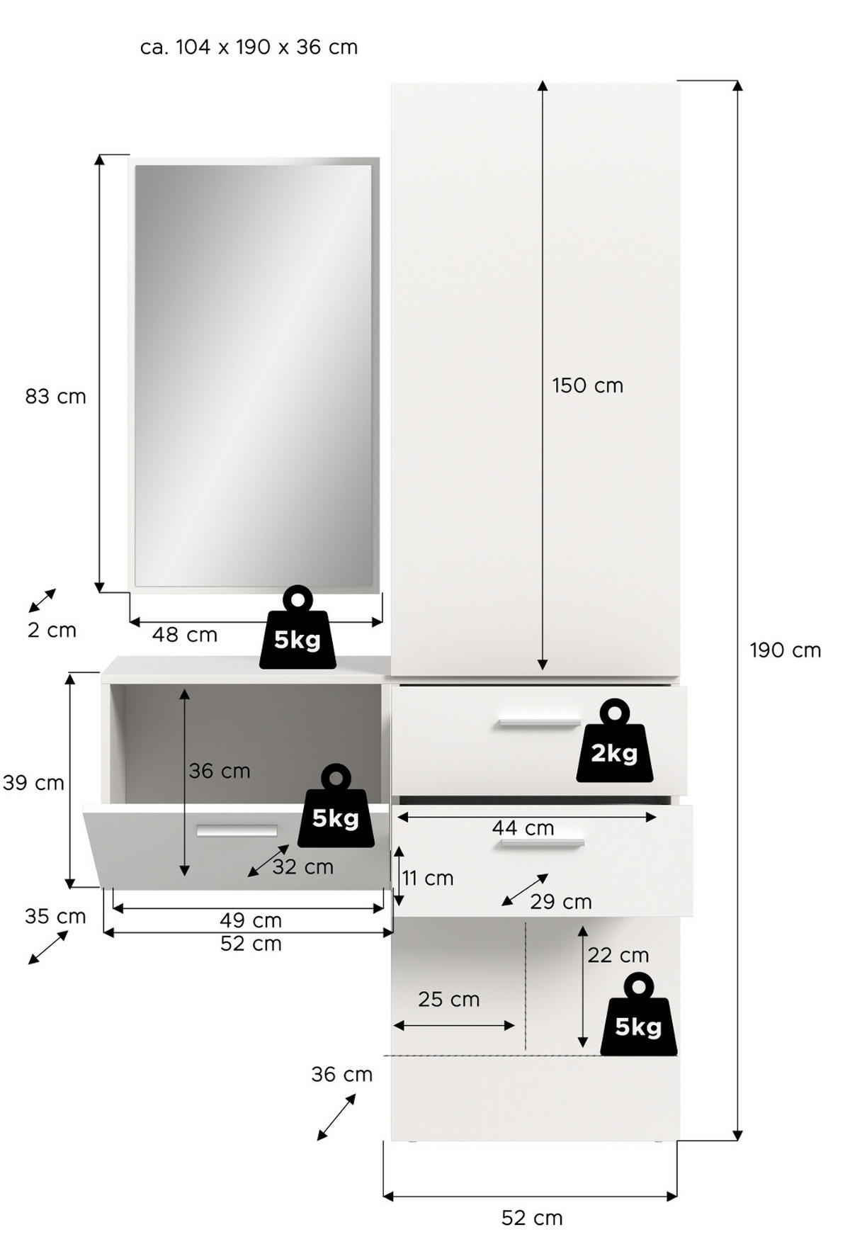 GARDEROBE Set weiß 104 cm, Komplettset 3-teilig mit Spiegel - Silberfarben/Weiß, Glas/Holzwerkstoff (104/190/36cm) - Inn.Furn