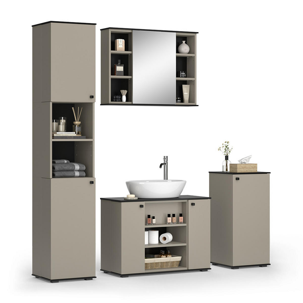 BADMÖBEL-SET Joli Greige 4 Teile, mit Hochschrank und Midischrank - Greige/Schwarz, Holzwerkstoff (80/59/37cm) - Vicco