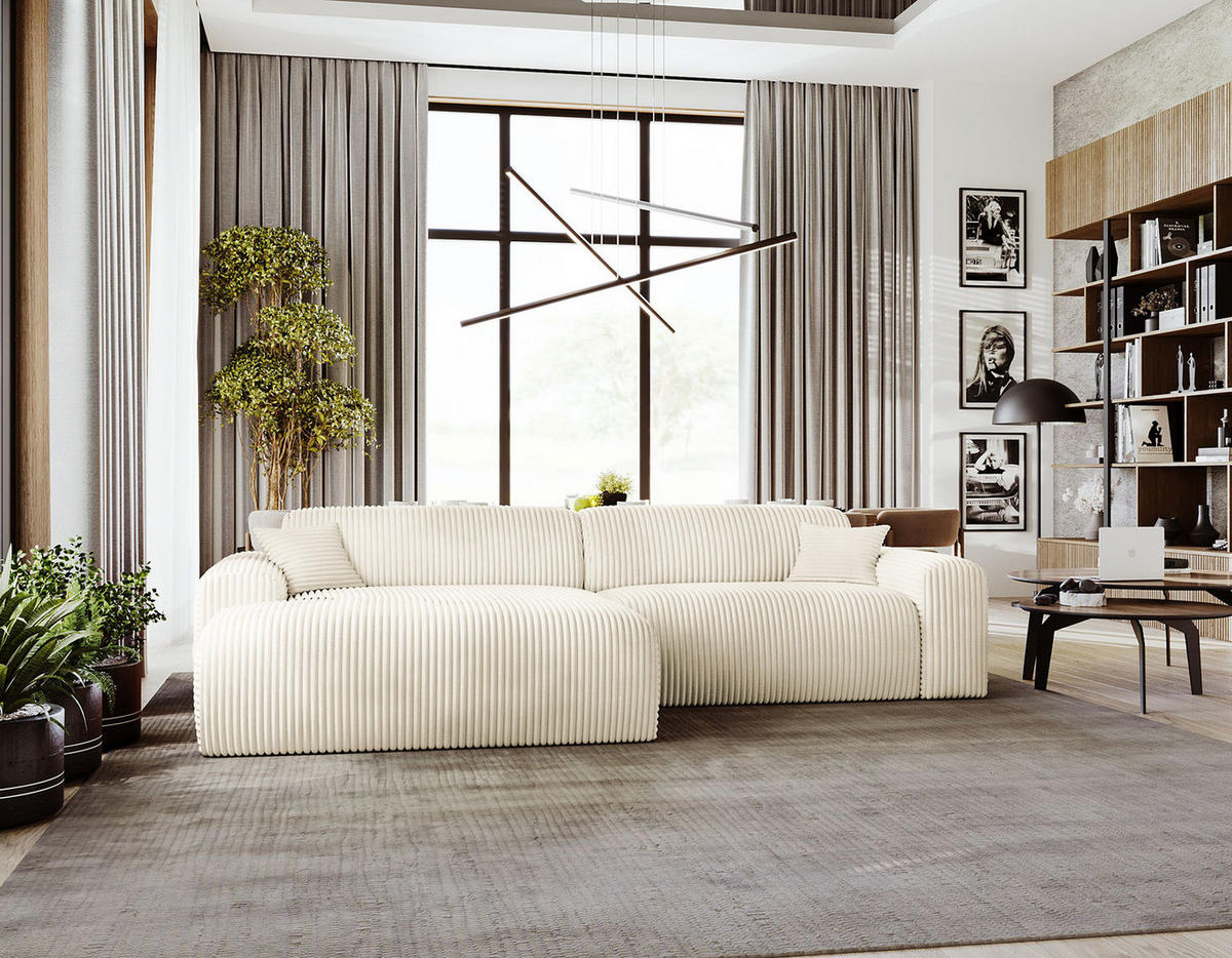 ECKSOFA mit Longchair - Cord - Creme/Schwarz, Kunststoff/Textil (284/178cm) - home24