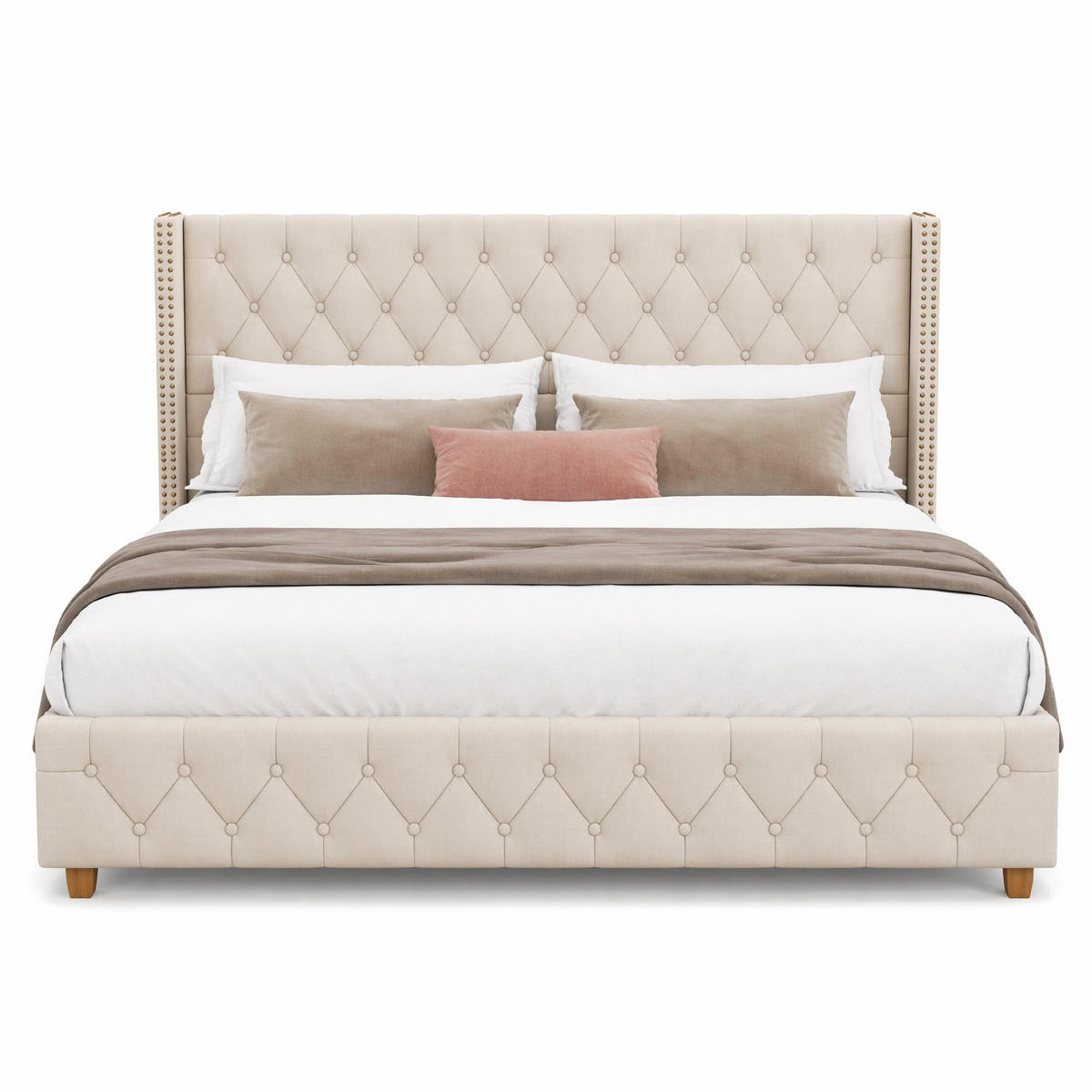 POLSTERBETT 140/190 cm in Beige Leinen mit Knopfheftung und Nieten - Beige, Holzwerkstoff/Textil (140/190cm) - CHICFURN