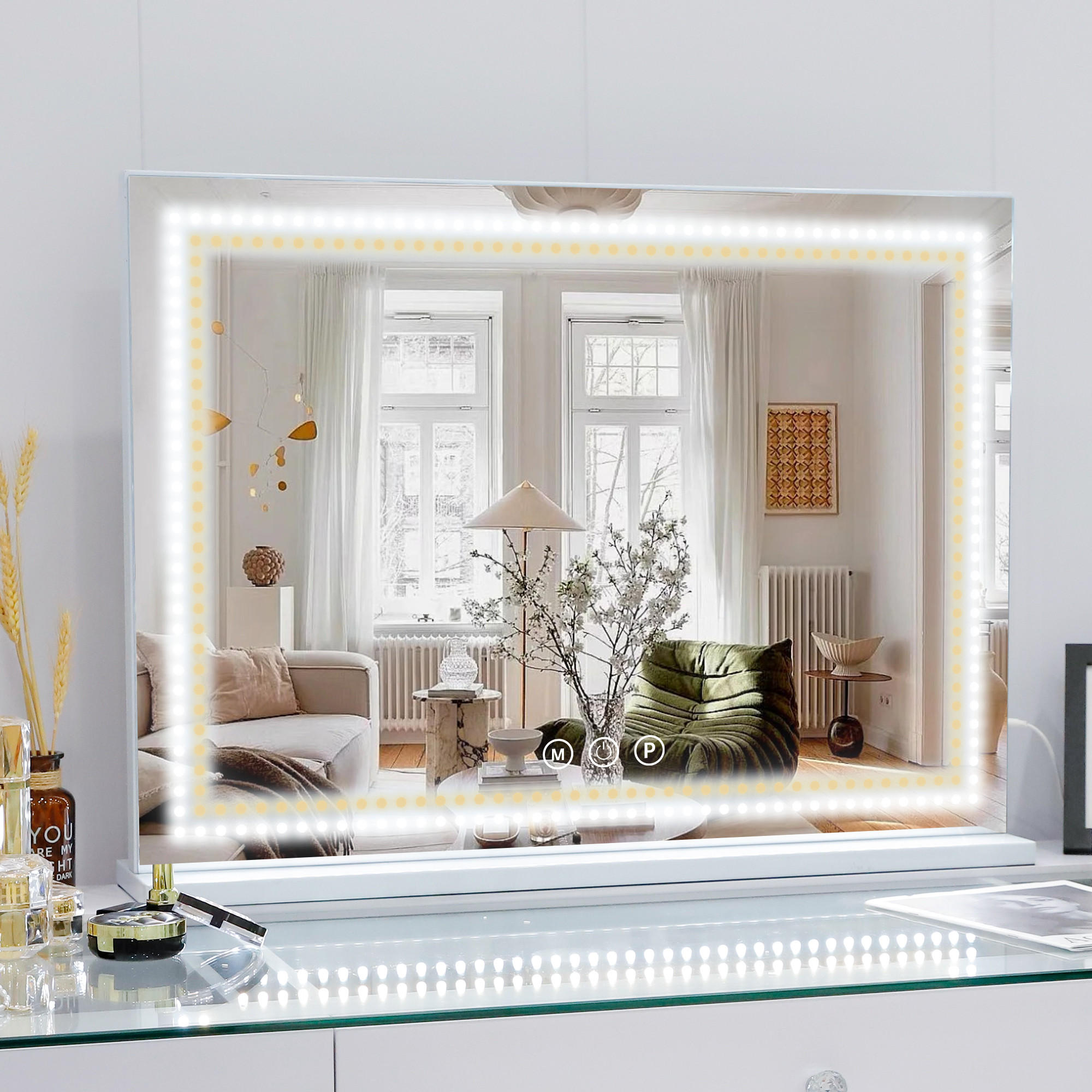SCHMINKSPIEGEL mit Lichtstreifen LEDs Beleuchtung Glühbirne weiß 80/58 cm - Weiß, Metall (80/58/3cm) - VANITII