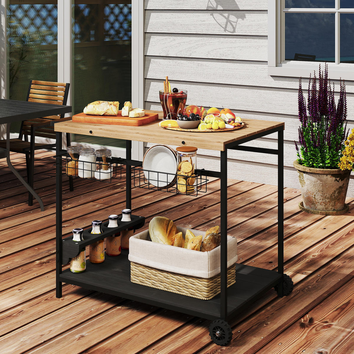 GARTENROLLWAGEN mit 2 Ebenen, mit Aufbewahrungskorb, mit Griff, Tanne, Natur - Fichtefarben, Holz/Metall (65/81/97.5cm) - Outsunny