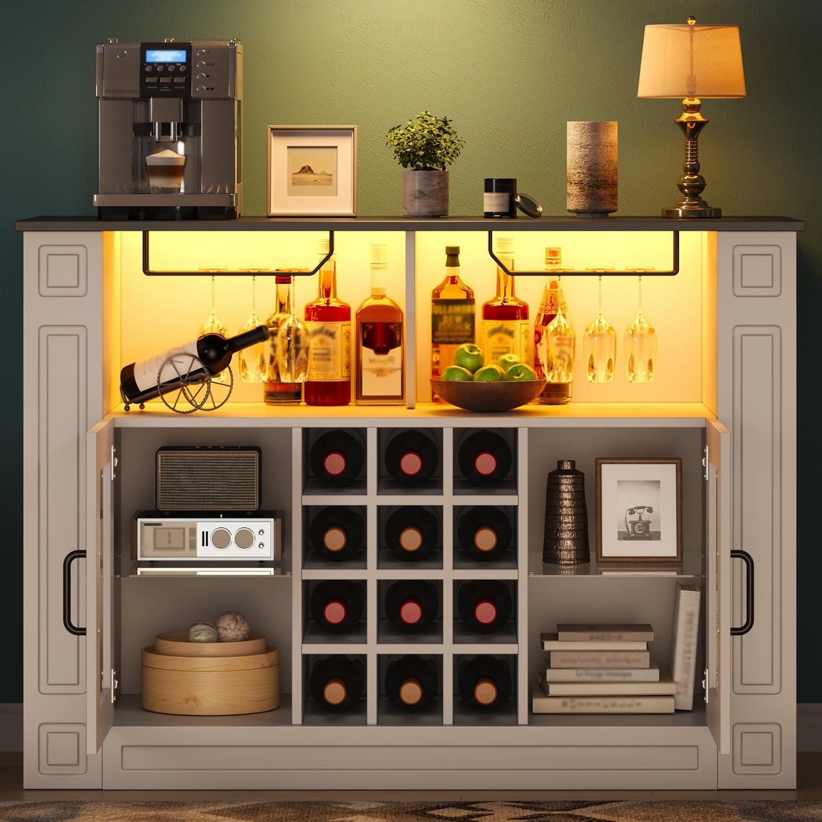 WEINSCHRANK DE-38730 120/35/84 cm LED-Beleuchtung und 12 Weinfächer Weiß - Weiß, Holzwerkstoff (120/84/35cm) - ComfortXL