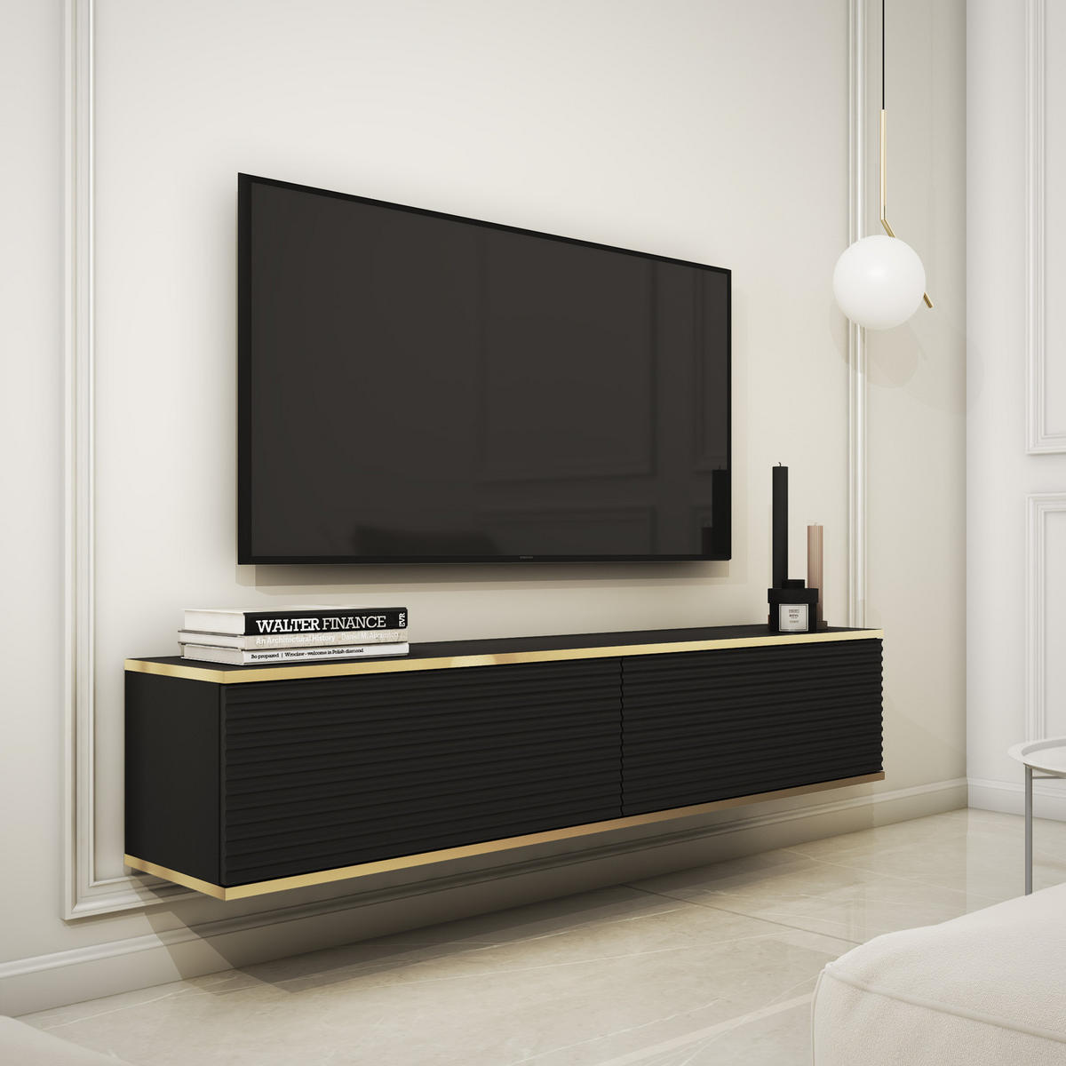 TV-BOARD FORNO (Hängend, Schwarz, Rillenfront, Goldene Details, 2 Klapptüren, 135 cm) - Schwarz, Holz/Holzwerkstoff (135/30/32cm) - Ravio