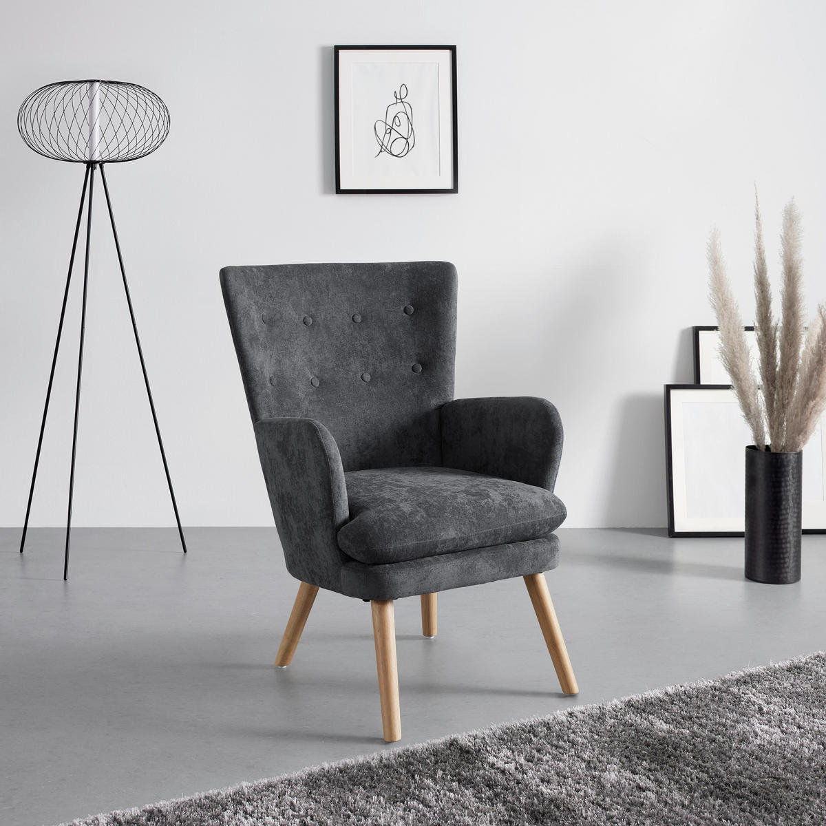 SESSEL Stanka Grau Webstoff - Grau, Holz (67/91/72cm) - Bessagi Home