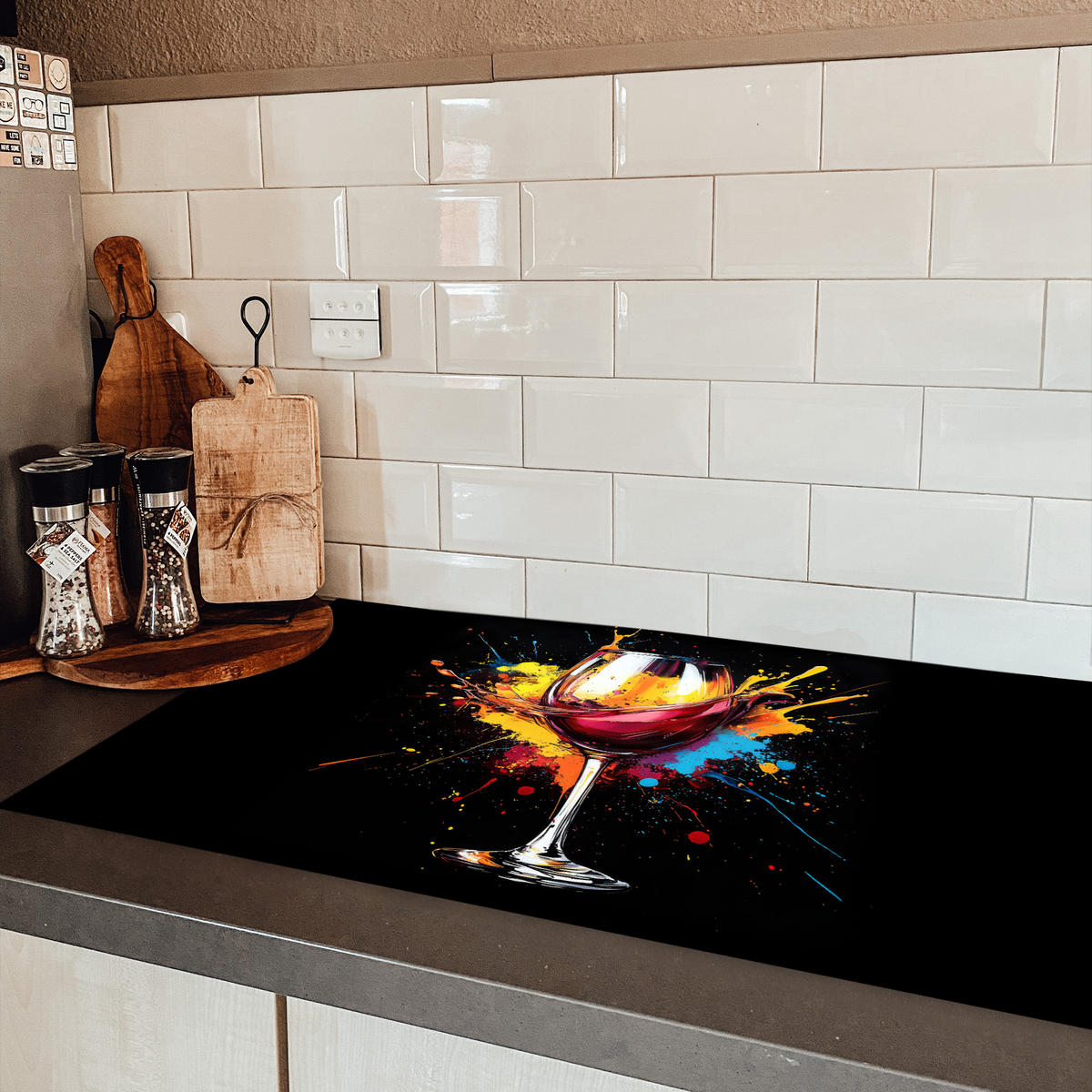 HERDABDECKPLATTE Wein - Glas - Graffiti - Getränk - Rot - Farbe 90x52 cm - Weinrot, Kunststoff (90/52/0.2cm) - MuchoWow