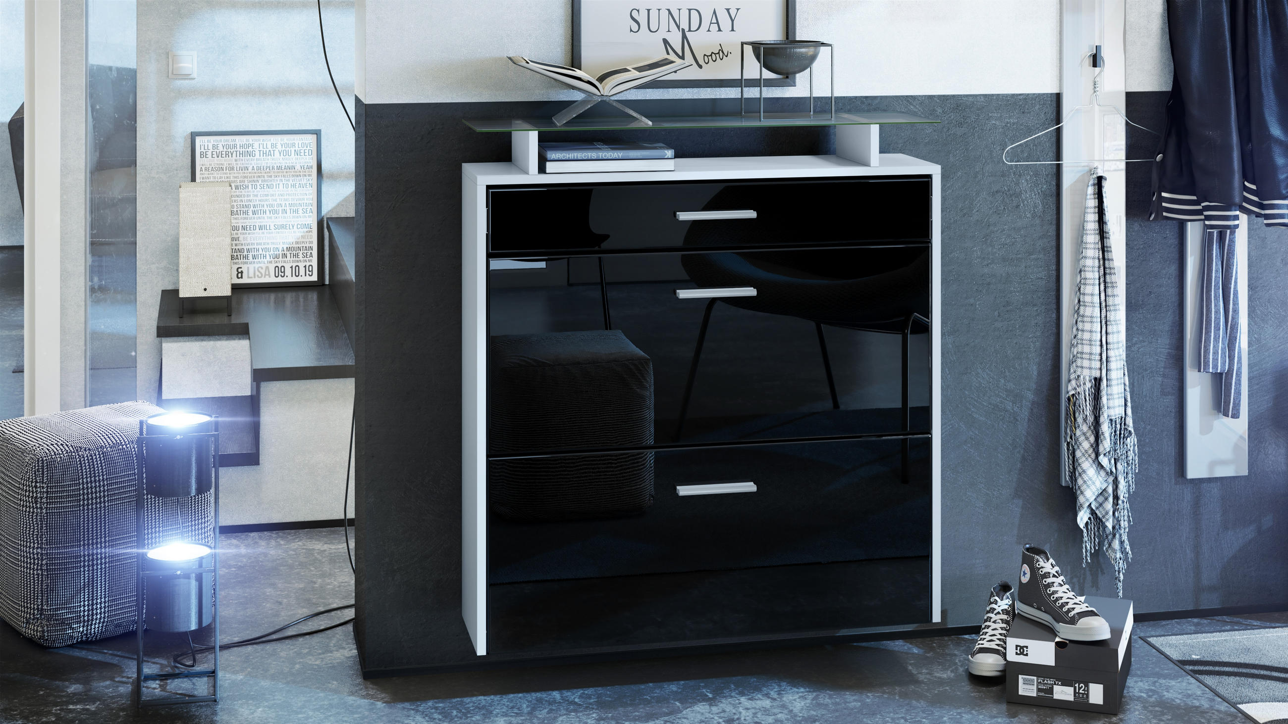 SCHUHSCHRANK Malea Front in Schwarz Hochglanz - Schwarz Hochglanz, Holzwerkstoff (89/96/23cm) - Vladon