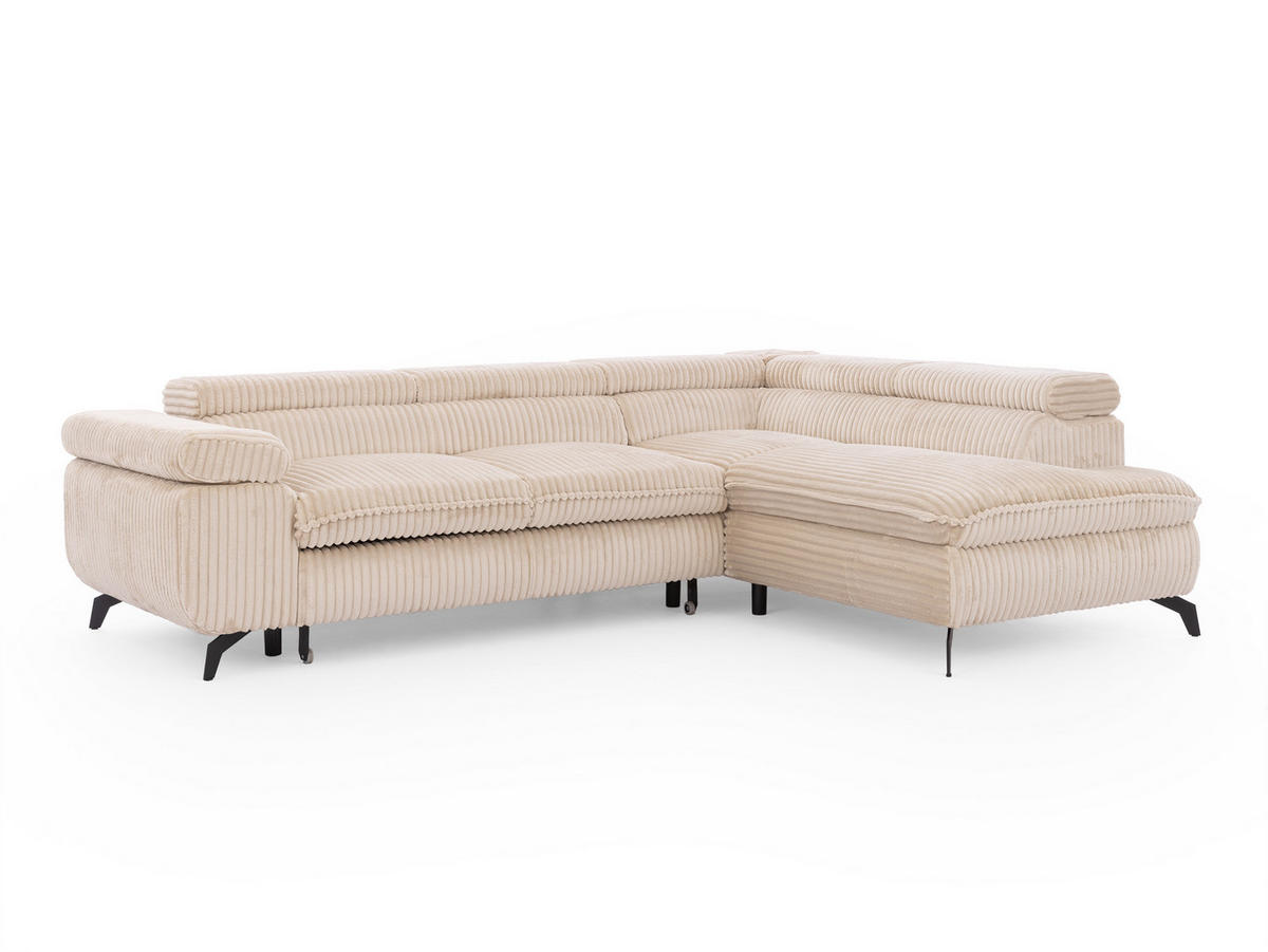ECKSOFA mit Schlaffunktion und Bettkasten Bonnie aus Hellbeige Cord-Stoff mit verstellbaren Kopfstützen und Armlehne - Ottomane rechts - Beige/Schwarz, Holz/Textil (275/210cm) - S-Style Möbel